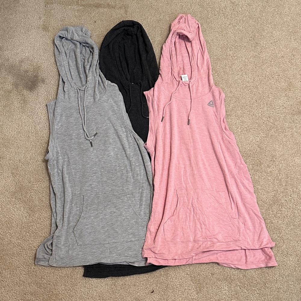 Reebok Sleeveless Hoodies in Gray, Black, and Pink